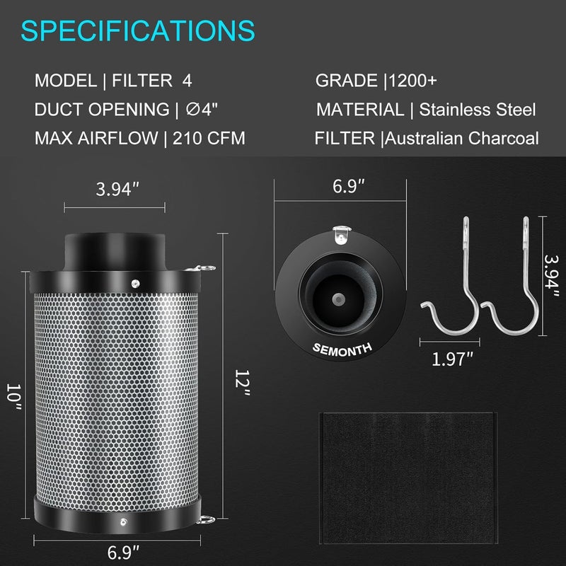 ATOUR 4" Air Carbon Filter with Australian Virgin Charcoal – Superior Odor Control for Grow Tent Smelliniss Scrubber, Inline Fans, Hydroponics. Includes Pre-Filter & Insulated Flange 4"x11" - Image 5